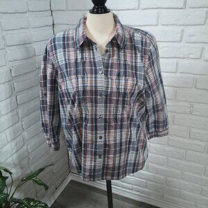Heritage by Bass Ladies Size XL Grey Blue White & Salmon Plaid Shirt